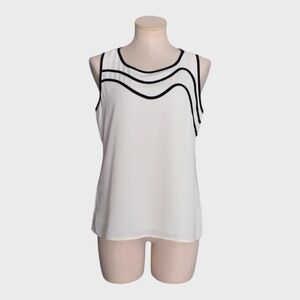 Ann Taylor Mod Minimalist Sleeveless White Blouse with Black Wavy Trim